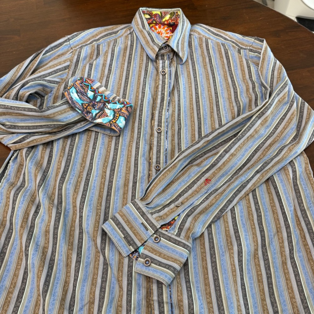 Robert Graham Mens XL Blue Brown Striped Floral Long Sleeve Button Down Shirt - Picture 4 of 9